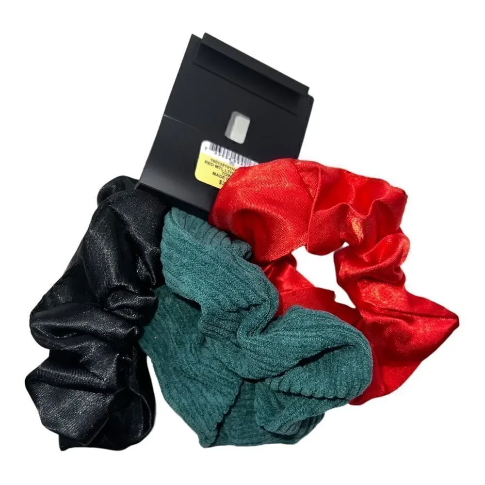 INC International Concepts 3 Piece Red Green Black Hair Scrunchies NWT